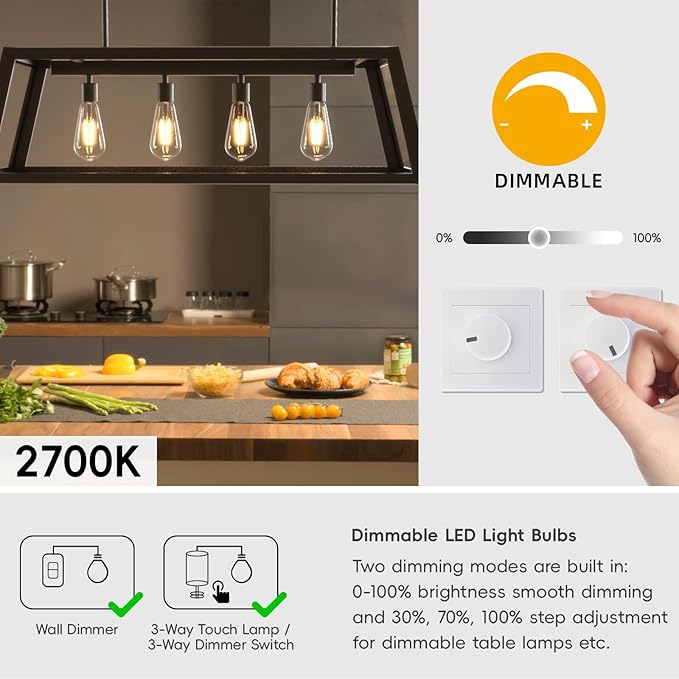 Jensense Edison LED Light Bulbs E26 Bulb 60 watt Equivalent Dimmable Light Bulbs 2700K Warm Soft White Vintage 7W Edison Bulbs 110V 120V 800 Lumen CRI90, 12 Pack