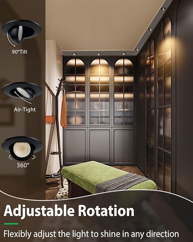 zouzai 2 Inch 5CCT Gimbal Black Led Recessed Lighting with Junction Box, 360°+90° Adjustable Led Recessed Lights, 2700K/3000K/3500K/4000K/5000K, 5W Eqv 50W, 550LM Brightness - ETL (Black, 1 Pack)