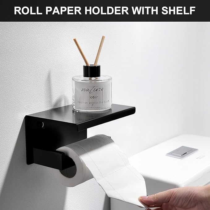 5 Pieces Bathroom Hardware Set Black and Gold Towel Bar Set, Toilet Paper Holder with Shelf, Towel Holder Set in Bathroom, Wall Mounted Stainless Steel, 23.6 Inches