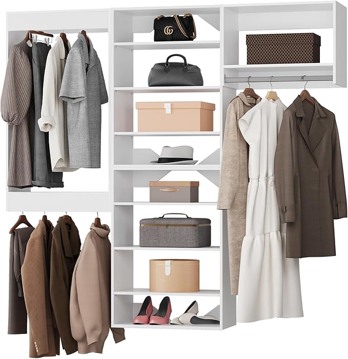 Modular Closet, 84" Wide Organizer with Towers and Hanging, Wood Tower Storage for Walk-in Closets, Wall-Mounted Wardrobe Organizer Kit, White