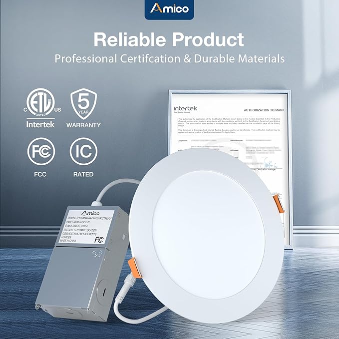 Amico 24 Pack 6 Inch 5CCT Ultra-Thin LED Recessed Ceiling Light with Junction Box, 2700K/3000K/3500K/4000K/5000K Selectable, 1050 Lumens, Dimmable Canless Wafer Downlight, 12W Eqv 110W-ETL&FCC