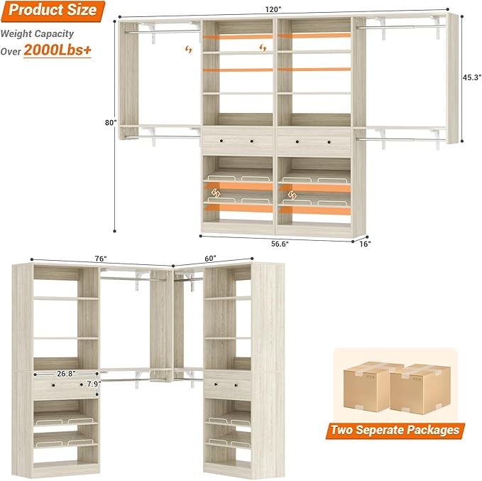 [10 FT Closet System] Reversible Set of 2 Wood Closet Organizer System with 2 Drawers, 4 Hanging Rods Adjustable Shelf, Walk In Closet Organizers with Shoe Rack, Garment Rack Clothes Rack, White Oak
