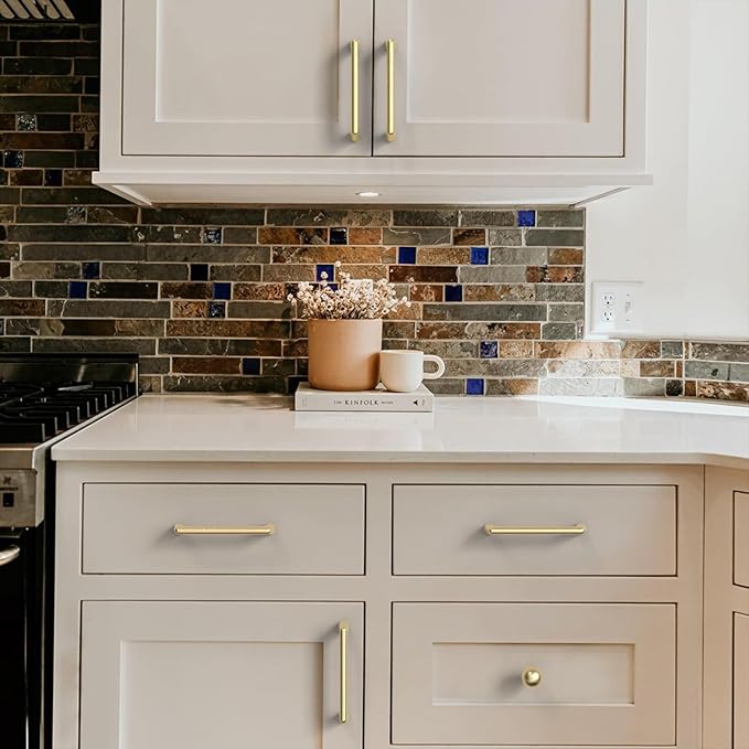 10 Pack 1-1/2 Inch Brushed Gold Cabinet Knobs - Round Drawer Knobs for Kitchen & Dresser Drawers