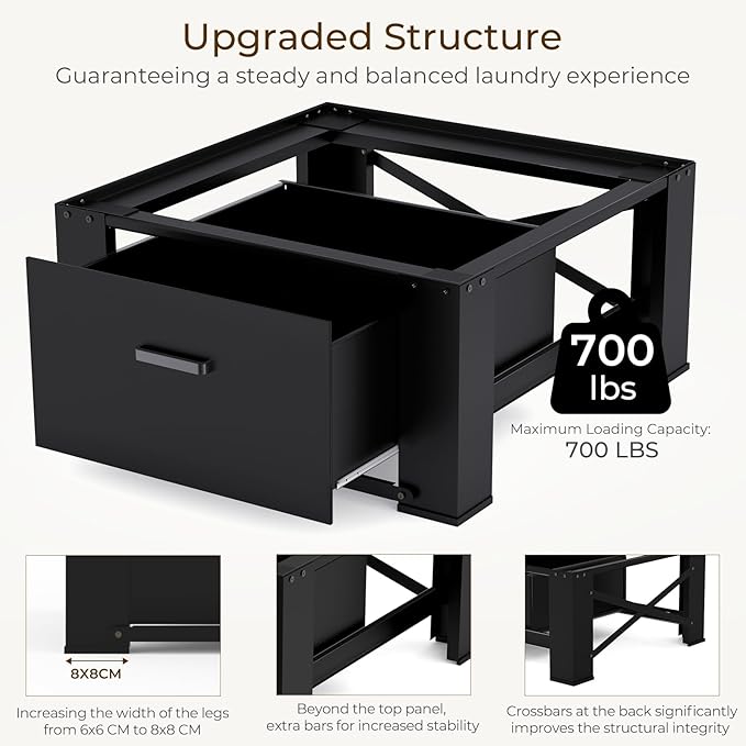 SKM 2 Pack Laundry Pedestals with Drawer - 28" Washer and Dryer Stand, Steel Washing Machine Raiser for Elevation, 14.3 Inches Height, Black