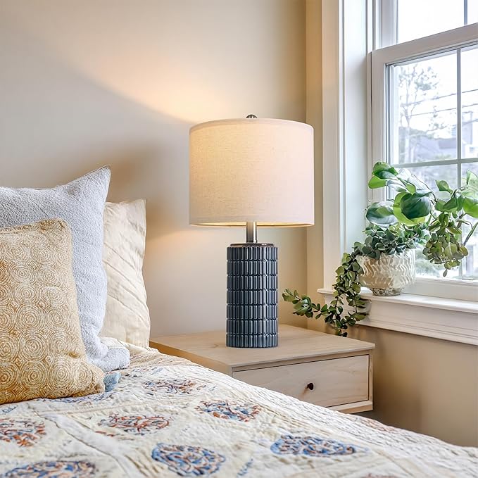 PoKat 20.75" Small Blue Table Lamps, Farmhouse Bedside Lamps for Bedroom Set of 2, Ceramic End Table Lamps for Night Stands Living Room, Modern Nightstand Desk Lamps, Dark Blue