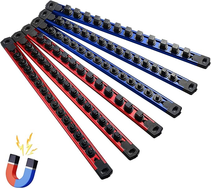 Magnetic Socket Organizer, 6-Piece Heavty Duty Aluminum Socket Holder, Socket Rail for Tool Box, Premium Quality 360° Swivel Socket Rack Kit with 80 Clips for 1/2, 3/8, 1/4-Inch(Red&Blue)