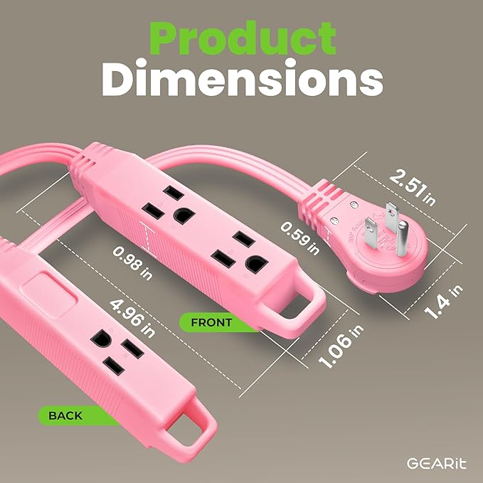 GEARit 360 Rotating Flat Plug Short Extension Cord with 3 Outlets (6ft, Pink) 16AWG/13A 3 Prong Wire, Outlet Saver for Home Office Dorm Room Essentials, ETL Certified