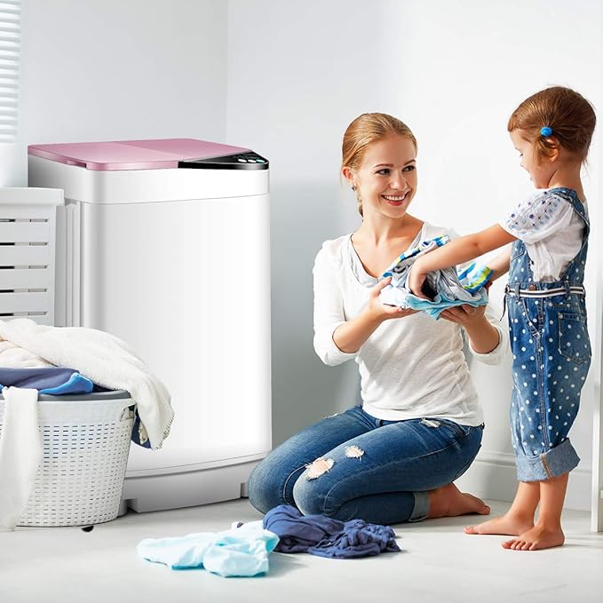 Waterjoy Portable Washing Machines, 7.7 lbs Load Capacity Portable Washer and Dryer Combo with Built-in Barrel Light & LED Display for Household and Apartment （Pink）
