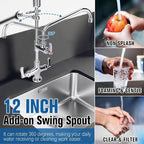 27" Height Commercial Sink Faucet Deck Mount with Pre-Rinse Sprayer, Commercial Kitchen Faucet with 10" Add-on Swing Spout Faucet & Spring Pull Down Sprayer, 8" Adjustable Center Kitchen Faucet