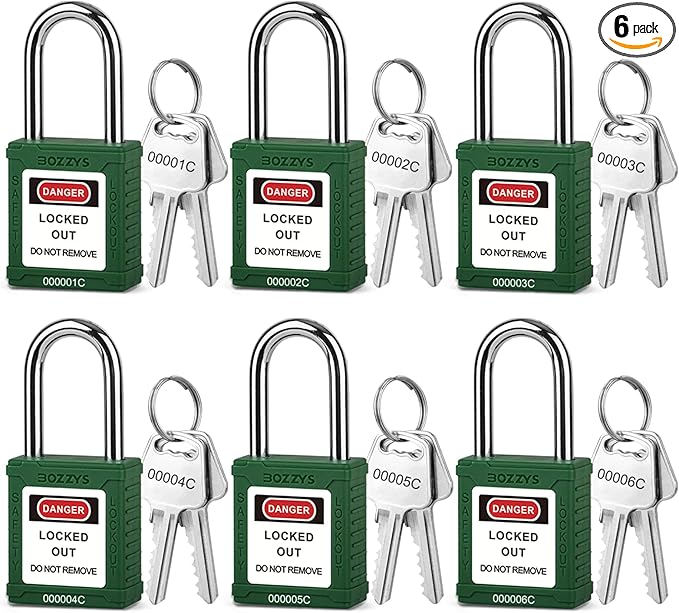 Lockout Tagout Locks 6-Pack｜OSHA Green Loto Locks Keyed Different｜2 Keys/Lock for Industrial Machinery & Electrical Panels｜Chrome Steel & Laser Coding