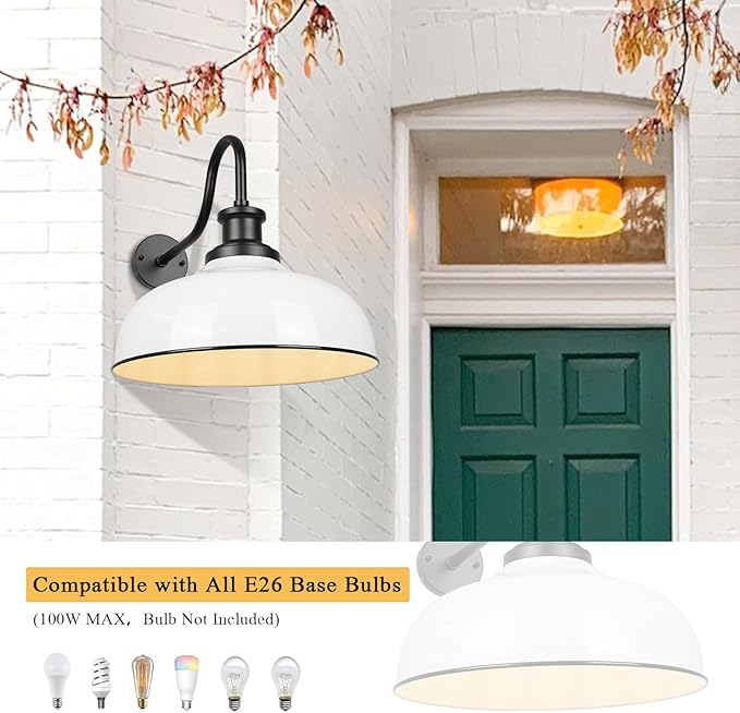 Outdoor Gooseneck Barn Light,14 Inch Dome Outdoor Wall Sconce Farmhouse Exterior Wall Mount Light Vintage Wall Lighting Fixture Industrial Wall Lantern for Porch, Entryway, Garage, RZ007M WH