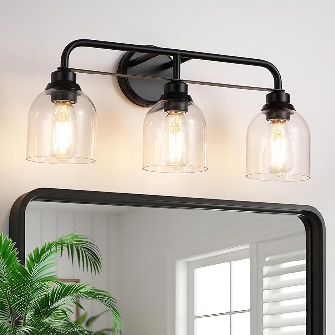 3 Light Matte Black Vanity Lights for Bathroom, Bathroom Light Fixtures Over Mirror with Clear Glass Shade, Ceramic E26 Sockets Wall Mounted