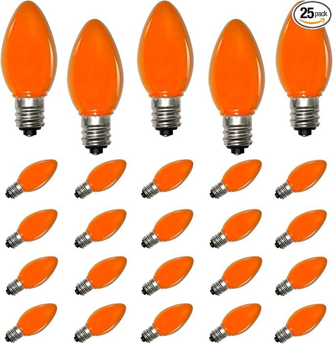 SUNSGNE C7 LED Christmas Orange Light Bulbs, 25 Pack Orange Replacemet Light Bulbs for Christmas Halloween Decor, E12 Candelabra Base, 0.6 Watt