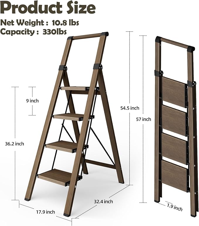 Taranta 4 Step Ladder, Portable Folding Ladder with Wide Pedal, Lightweight Aluminum Step Stool with Convenient Handgrip, 330 lbs Capacity Stepladder for Home, Office - Walnut