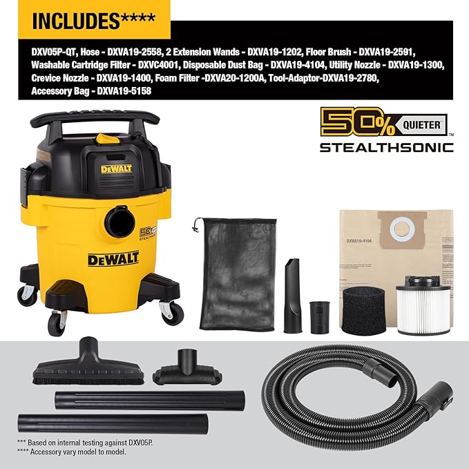 DEWALT 5 Gallon STEALTHSONIC Shop Vacuum Wet and Dry, Powerful Suction & Portable Shop Vac with Attachments, Ultra Quiet Wet Dry Vac for Home, Garage, Car, Workshop, Jobsite, DXV05P-QT, 4 Peak HP