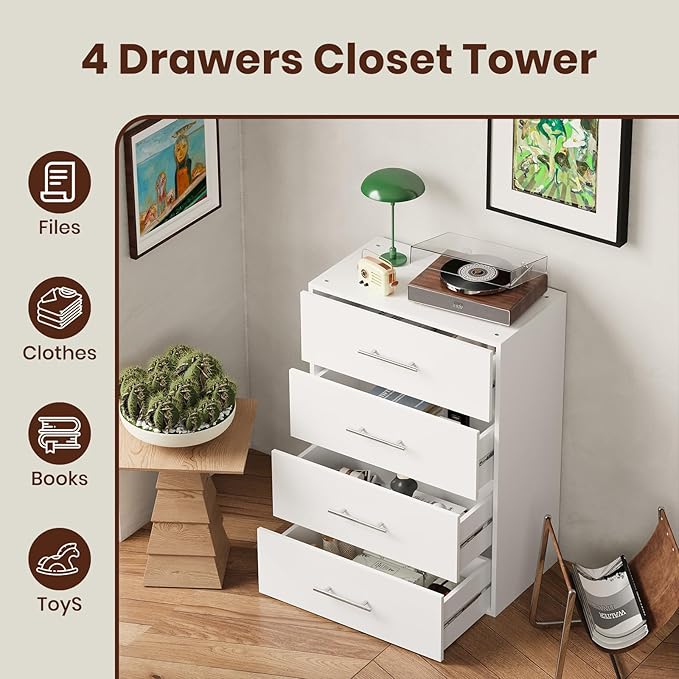 ROOMTEC 31.5" 4 Drawer Short Tower Closet Unit, Modular Closet System with Drawers and Shelf, Wardrobe Organizer for Bedroom or Walk-in Closet, Wall Mounted, Customizable Clothes Storage Unit, White