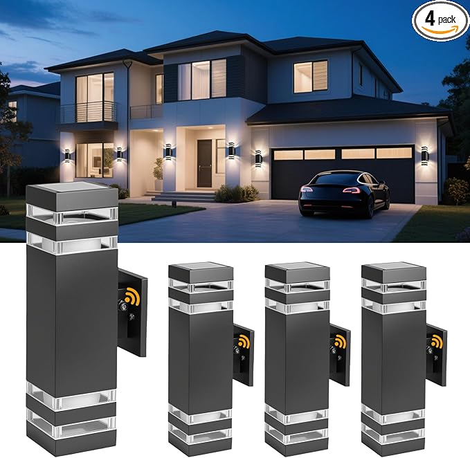 Modern Outdoor Wall Light with Dusk to Dawn Sensor, 2-Pack Brown Exterior Wall Sconces with E26 Bulbs Included, IP65 Waterproof Anti-Rust Aluminum Porch and Garage Light Fixtures