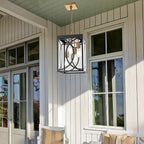 4-Lights Large Outdoor Pendant Light Fixture, E26 Bulb Base Porch Hanging Lighting in Black & Brushed Brass, Modern Exterior Lantern Chandelier Ceiling Mount for Patio Front Door