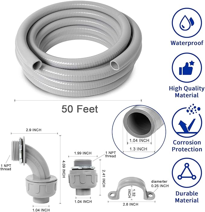 (1 inch Dia * 50 Feet) Yariwiz Flexible Electrical Conduit Liquid Tight PVC Conduit Kit with 5 PCS Coupling, 3 PCS Elbow and 10 PCS Strap, Sealtight Seal Flex Liquidtight Outdoor Non Metallic Grey