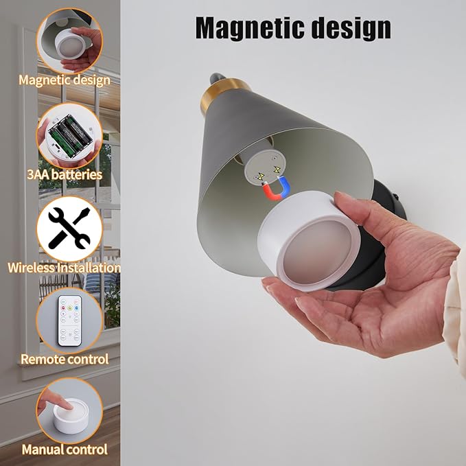 Vintage Cordless Gooseneck Battery Operated Wall Sconces Set of 2, Black Bedside Battery Powered Wall Decor Lamps with Remote Control, Wireless Indoor LED Lights Fixture for Bedroom Hallway