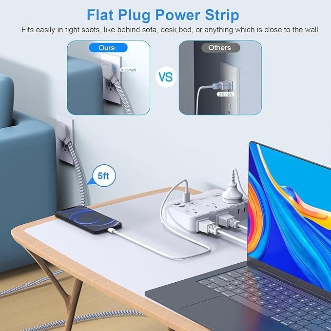 Surge Protector Power Strip 5 Ft Cord, Ultra Thin Flat Extension Cord with 6 Outlets 4 USB Ports(2 USB C), Flat Plug Power Strip, Braided Power Cord for College Dorm Room Essentials