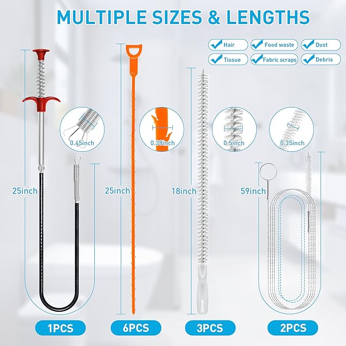 Drain Snake 12 Set: 25inch Snake Drain Hair Removal Tool(1PCS), 59inch Cleaning Brush(2PCs), 25inch Drain Clog Remover(6PCS), 18inch Sink Drain Brush(3PCS) For Bath Tub, Toilet, Kitchen Sink, Sewer