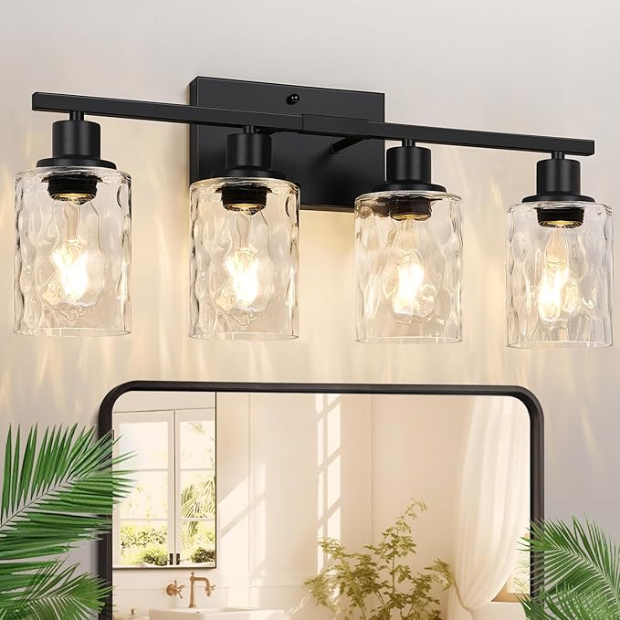 4-Light Bathroom Light Fixtures, Matte Black Vanity Light with Crystal Glass Shades for Mirror, Living Room, Bedroom, or Porch