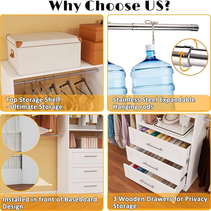 Closet System, 4FT-8FT Closet Organizer System with 3 Wooden Drawers Walk-in Closet Storage System with 5 Expandable Hanging Rods Garment Rack Wall Mount White