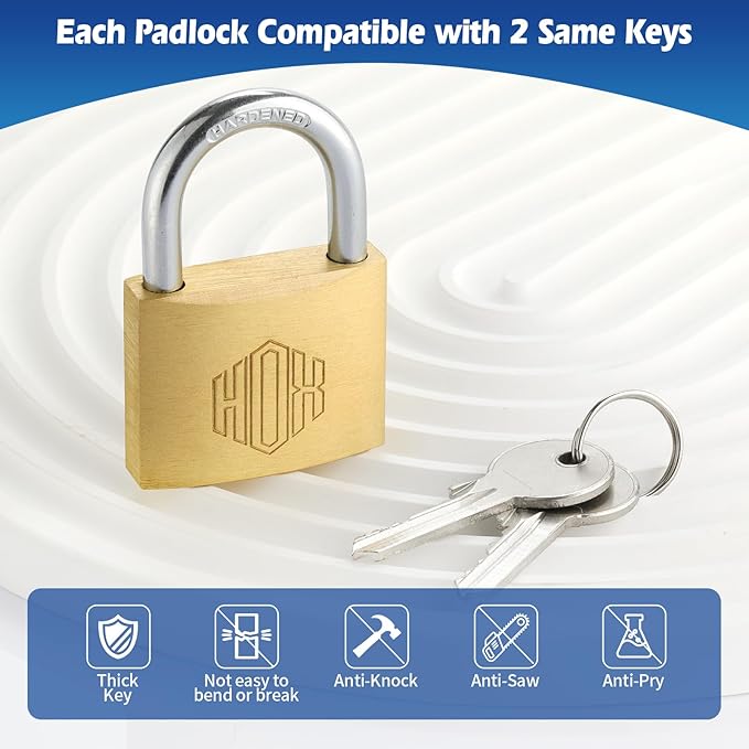 HOX Solid Brass Keyed Different Padlock with 1-9/16-Inch Wide Body, Brass Cylinder - for Hasp Latch, Sheds, Fences, Storage Locker, 12-Pack