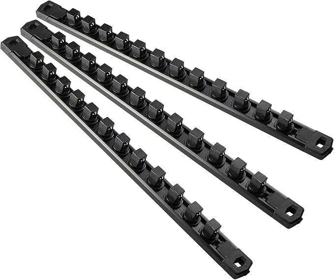 Magnetic Socket Organizer, 3-Piece Heavty Duty Aluminum Socket Holder, Socket Rail for Tool Box, Premium Quality 360° Swivel Socket Rack with 36 Clips for 1/2-Inch(Black)