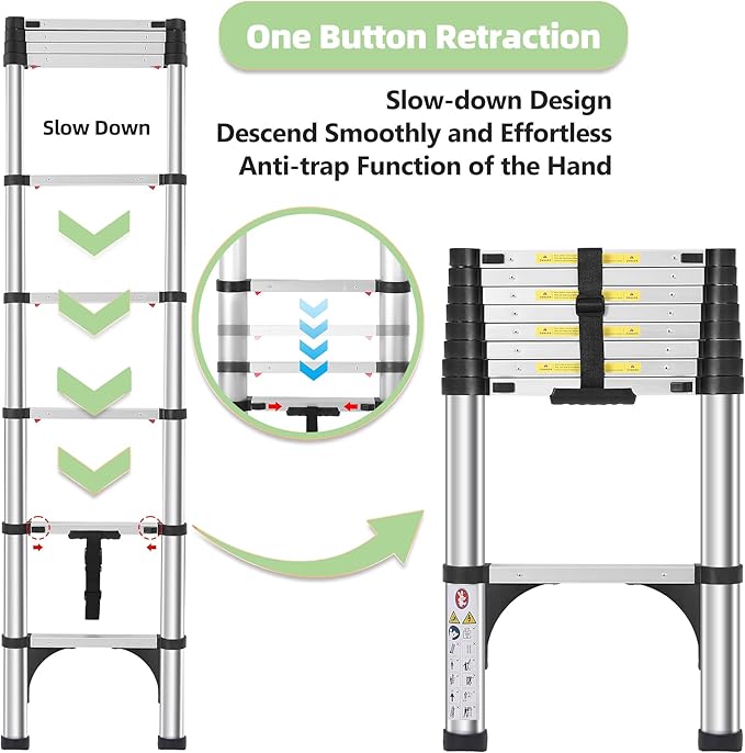 Telescoping Ladders 8.5 FT Aluminum Ladder - One-Button Retraction Collapsible Telescopic Ladder for Home,RV,Attic & Loft, Lasts 330 LBS with 2 Triangle Stabilizers and 2 Detachable Hooks