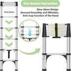 Telescoping Ladders 8.5 FT Aluminum Ladder - One-Button Retraction Collapsible Telescopic Ladder for Home,RV,Attic & Loft, Lasts 330 LBS with 2 Triangle Stabilizers and 2 Detachable Hooks