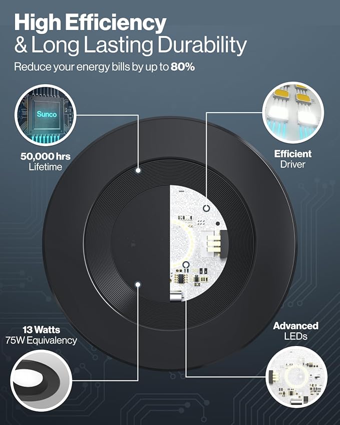 Sunco 24 Pack 5CCT Black LED Recessed Lighting 6 Inch, 2700K/3000K/3500K/4000K/5000K Selectable, Dimmable Can Lights, Baffle Trim, 13W=120W, 965 LM, Damp Rated, Retrofit Installation - UL Listed.