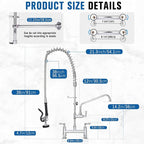 36" Height Commercial Sink Faucet Deck Mount with Pre-Rinse Sprayer, Commercial Kitchen Faucet with 10" Add-on Swing Spout Faucet & Spring Pull Down Sprayer, 8" Adjustable Center Kitchen Faucet