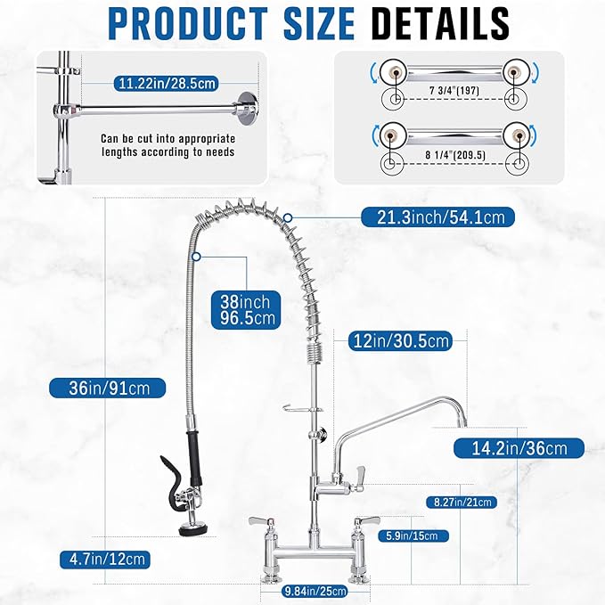 36" Height Commercial Sink Faucet Deck Mount with Pre-Rinse Sprayer, Commercial Kitchen Faucet with 10" Add-on Swing Spout Faucet & Spring Pull Down Sprayer, 8" Adjustable Center Kitchen Faucet