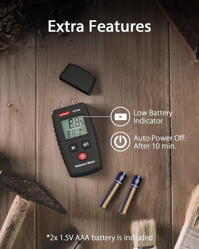 Wintact Pocket Wood Moisture Meter, Pin Type Water Leak Detector, Digital Moisture Tester for Lumber, Firewood, Walls, Drywall, Paper, Brick, Concrete Building Material Black