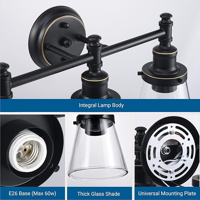 DEWENWILS Bathroom Light Fixtures, 5-Piece All-in-One Bathroom Vanity Lights Over Mirror, 3-Light Bath Wall Mount Sconce with Clear Glass Shade, Towel Bar, Ring, Robe Hook, Toilet Paper Holder