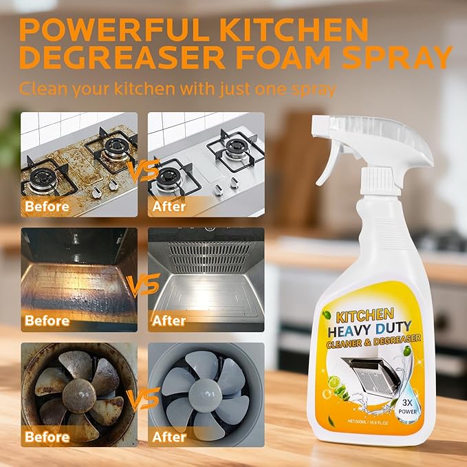 Kitchen Cleaner Spray - Waterless Formula, Rich Foam & Deep Cleaning, 2-in-1 Spray Nozzle, Gentle and Safe Multipurpose Cleaner Spray Lime Scent