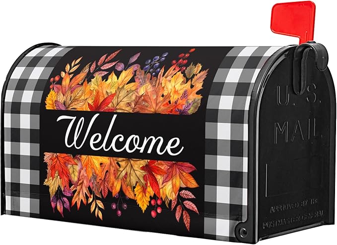 Fall Thanksgiving Maple Leaves Buffalo Plaid Mailbox Covers Magnetic Autumn Harvest Seasonal Holiday Welcome Post Letter Box Cover Standard Size 21x18 Inch for Garden Yard