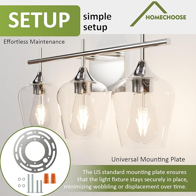 Vanity Bathroom Light, 3-Light Bathroom Light Fixtures Over Mirror, Silver Vanity Lights for Bathroom with Clear Glass, Modern Wall Lamp for Cabinet Hallway, Bedroom