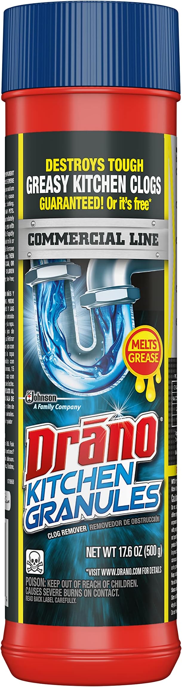 Drano Kitchen Granules Drain Clog Remover and Cleaner, Unclogs Blockage from Grease or Cooking Oil, Commercial Line, 17.6 Oz