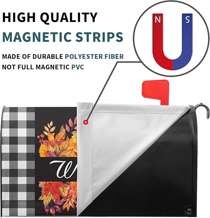 Fall Thanksgiving Maple Leaves Buffalo Plaid Mailbox Covers Magnetic Autumn Harvest Seasonal Holiday Welcome Post Letter Box Cover Standard Size 25.5x21 Inch for Garden Yard
