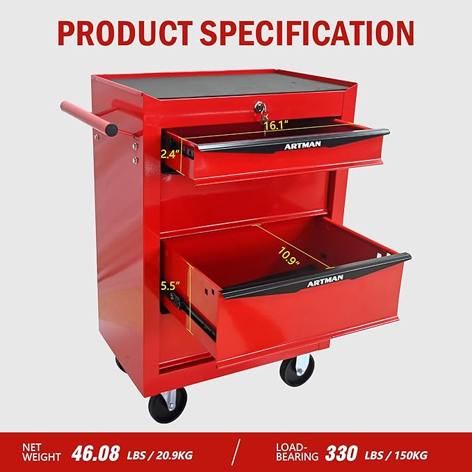 4 Drawers Rolling Tool Box on Wheels, Multifunctional Tool Chest Cabinet with Lock, Drawers Rolling Tool Cart Trolley Organizer Tool Storage Case for Warehouse,Garage,Workshop (Red)