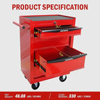 4 Drawers Rolling Tool Box on Wheels, Multifunctional Tool Chest Cabinet with Lock, Drawers Rolling Tool Cart Trolley Organizer Tool Storage Case for Warehouse,Garage,Workshop (Red)