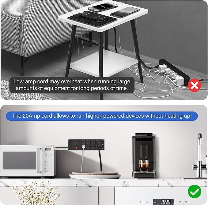 CCCEI Black Heavy Duty Power Strip Surge Protector 20 AMP, 8 Outlets 12 Gauge Industrial Shop Garage Metal Multiple Outlets, 25 FT Extension Cord 5-15P Adapter High Amp 6-20R T-Slot 20a for Appliance