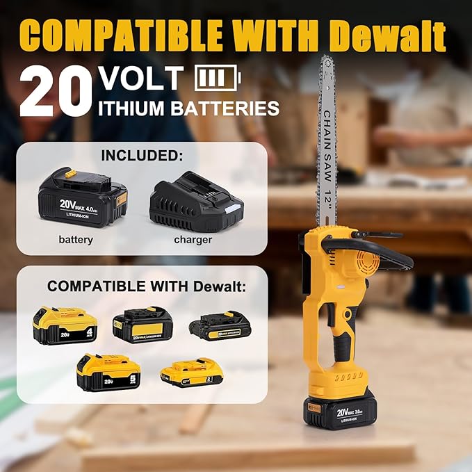 12 Inch Cordless Chainsaw Compatible With Dewalt 20V MAX Batteries with Replacement Chain, Battery Powered Chainsaw for Wood Cutting|Tree Trimming|Camping (Battery & Charger Included)