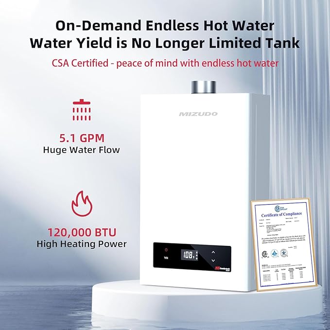 Tankless Water Heater Propane, MIZUDO Indoor Installation Max 5.1 GPM 120,000 BTU On Demand Hot Water Heater, CSA Certified Constant Temp High Power for 2-3 Fixtures Big Family or Business, Gen 2