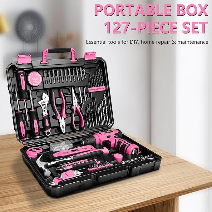 Drill Set: Tool Set with 8V Pink Cordless Drill, Home Tool Kit with Drill, Hand Tool Kits for Women, Homeowner, Diyer, Handyman, 127Piece