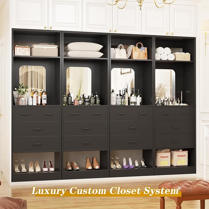 Unikito 50 Inch Closet System with Drawers, 4FT Sturdy Closets Organizer with Storage Shelves and Mirror Design, Freestanding Wood Walk in Closet Towers, Easy Assembly, Max Load 1000 LBS, Black