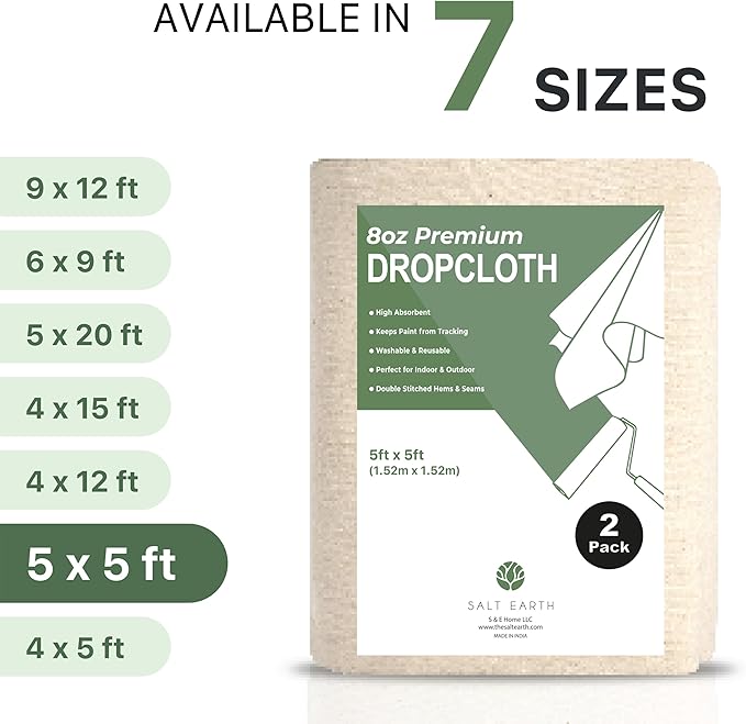 Canvas Drop Cloth Salt Earth Pack of 2 Reusable Cloth for Outdoor & Indoor, 100% Recycled Cotton Nature Friendly, All purpose Washable Cotton Canvas Cover for Painter Floor & Furniture Protection(5x5)